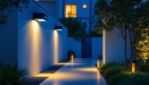 A photograph of a modern outdoor space illuminated by motion detector led lights