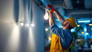 A photograph of a lighting contractor installing high lumen light bulbs in a modern workspace