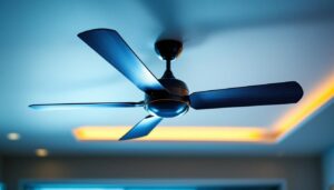 A photograph of a stylish ceiling fan installed in a well-lit room