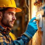 A photograph of a skilled lighting contractor in action
