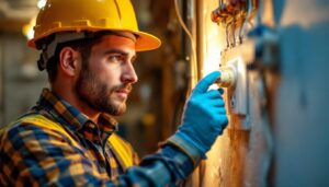 A photograph of a skilled lighting contractor in action