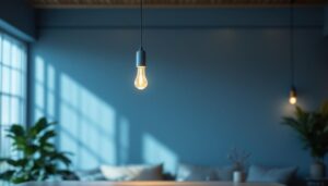 A photograph of a stylishly designed modern hanging light fixture in a contemporary living space