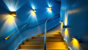 A photograph of a well-lit stairwell featuring stylish and functional lighting fixtures