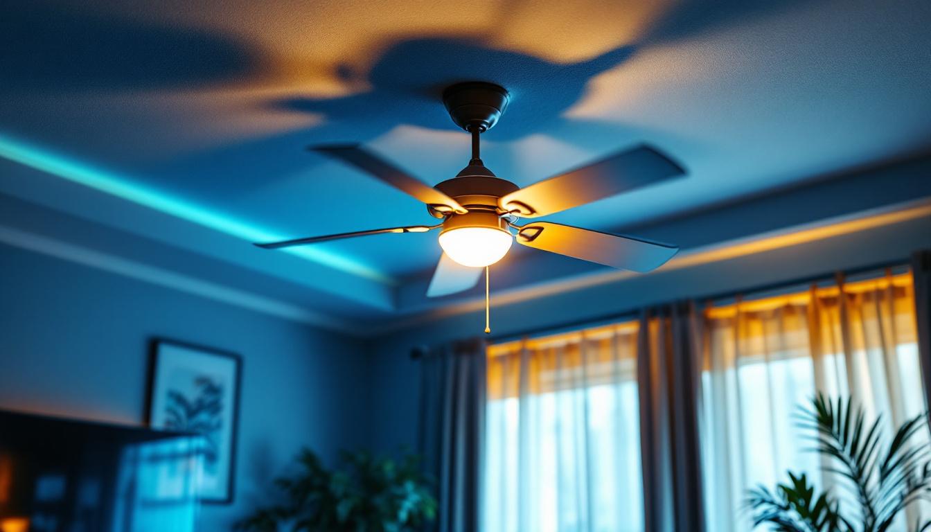 A photograph of a beautifully styled ceiling fan with an integrated light kit