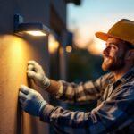 A photograph of a lighting contractor installing a sleek