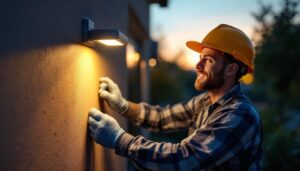 A photograph of a lighting contractor installing a sleek