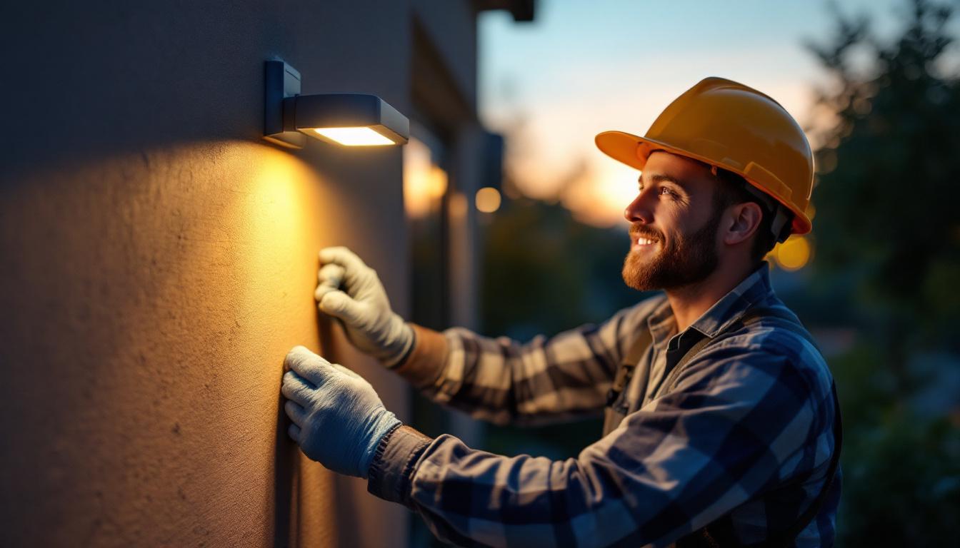 A photograph of a lighting contractor installing a sleek