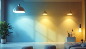 A photograph of a well-lit interior space showcasing various lighting fixtures