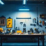 A photograph of a well-lit workshop or garage featuring a hardwired shop light installation