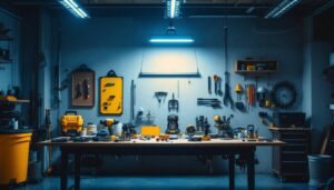 A photograph of a well-lit workshop or garage featuring a hardwired shop light installation