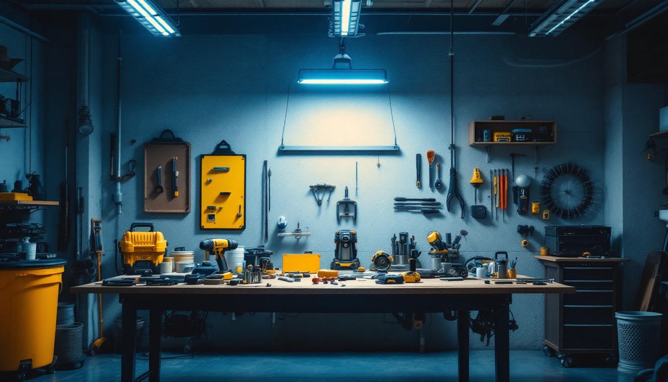 A photograph of a well-lit workshop or garage featuring a hardwired shop light installation