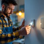 A photograph of a skilled lighting contractor demonstrating the installation of an illuminated 3-way switch in a well-lit