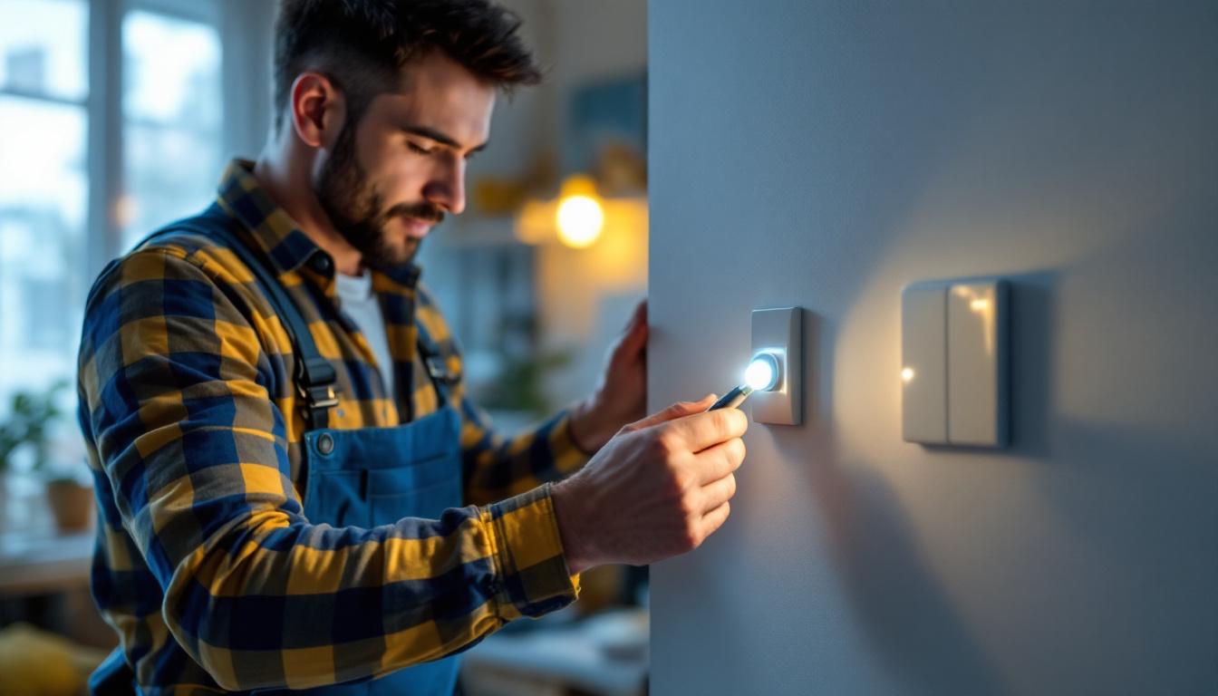 A photograph of a skilled lighting contractor demonstrating the installation of an illuminated 3-way switch in a well-lit