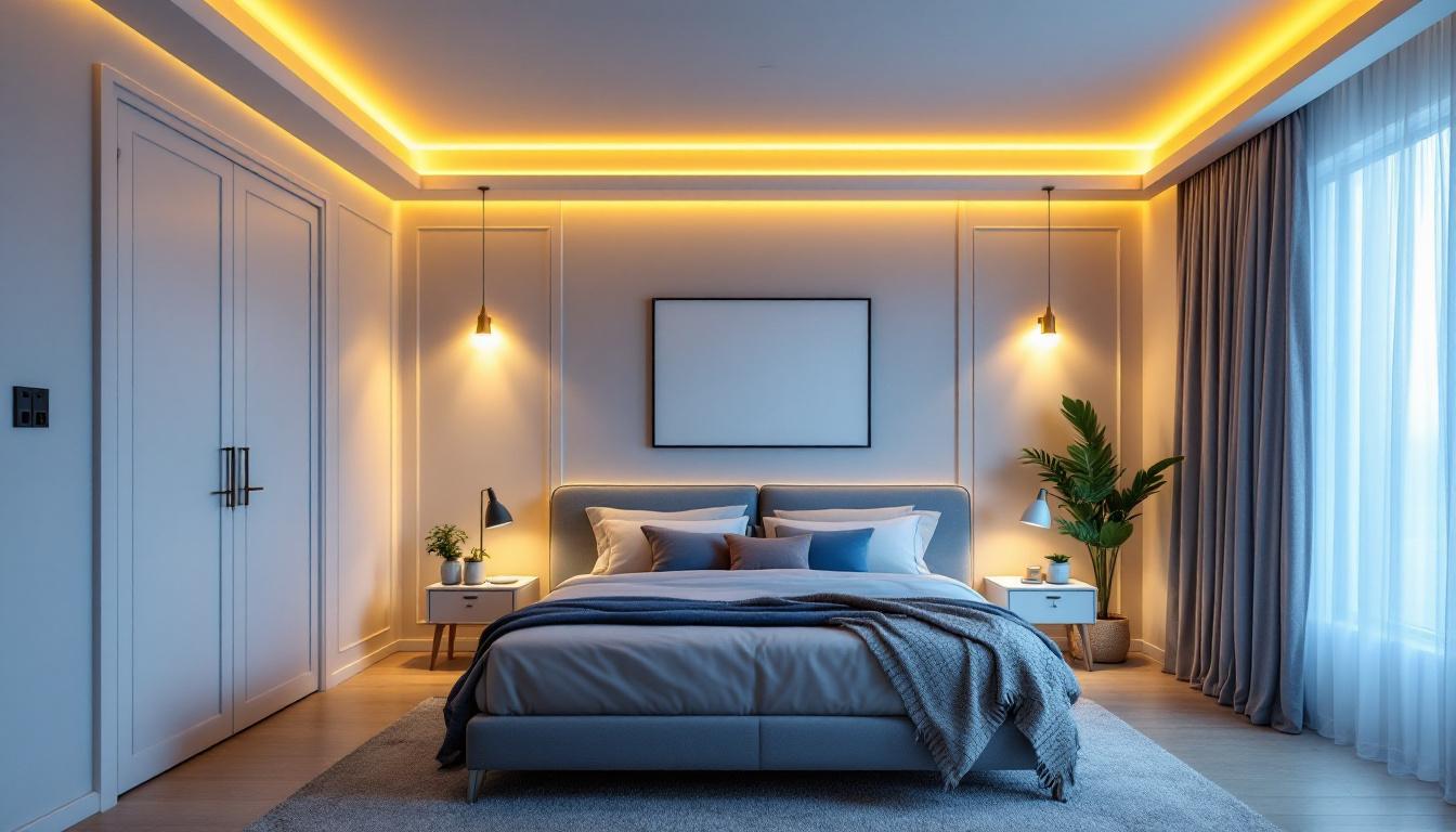 A photograph of a beautifully designed bedroom featuring warm recessed lighting that highlights the space's cozy ambiance