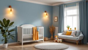 A photograph of a beautifully designed nursery featuring a variety of soft