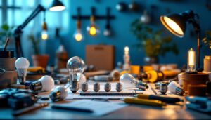 A photograph of a well-organized workspace featuring an array of different light bulbs