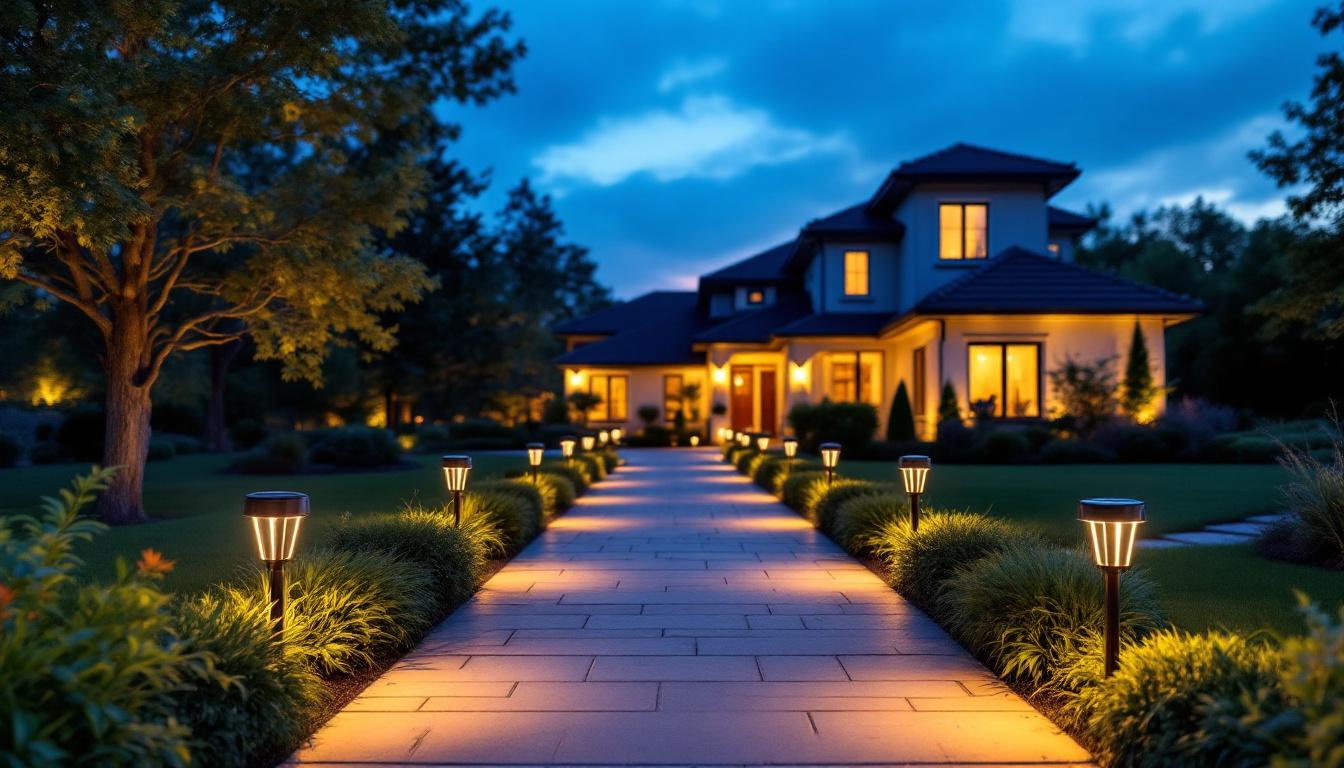 A photograph of a beautifully illuminated driveway entrance at dusk