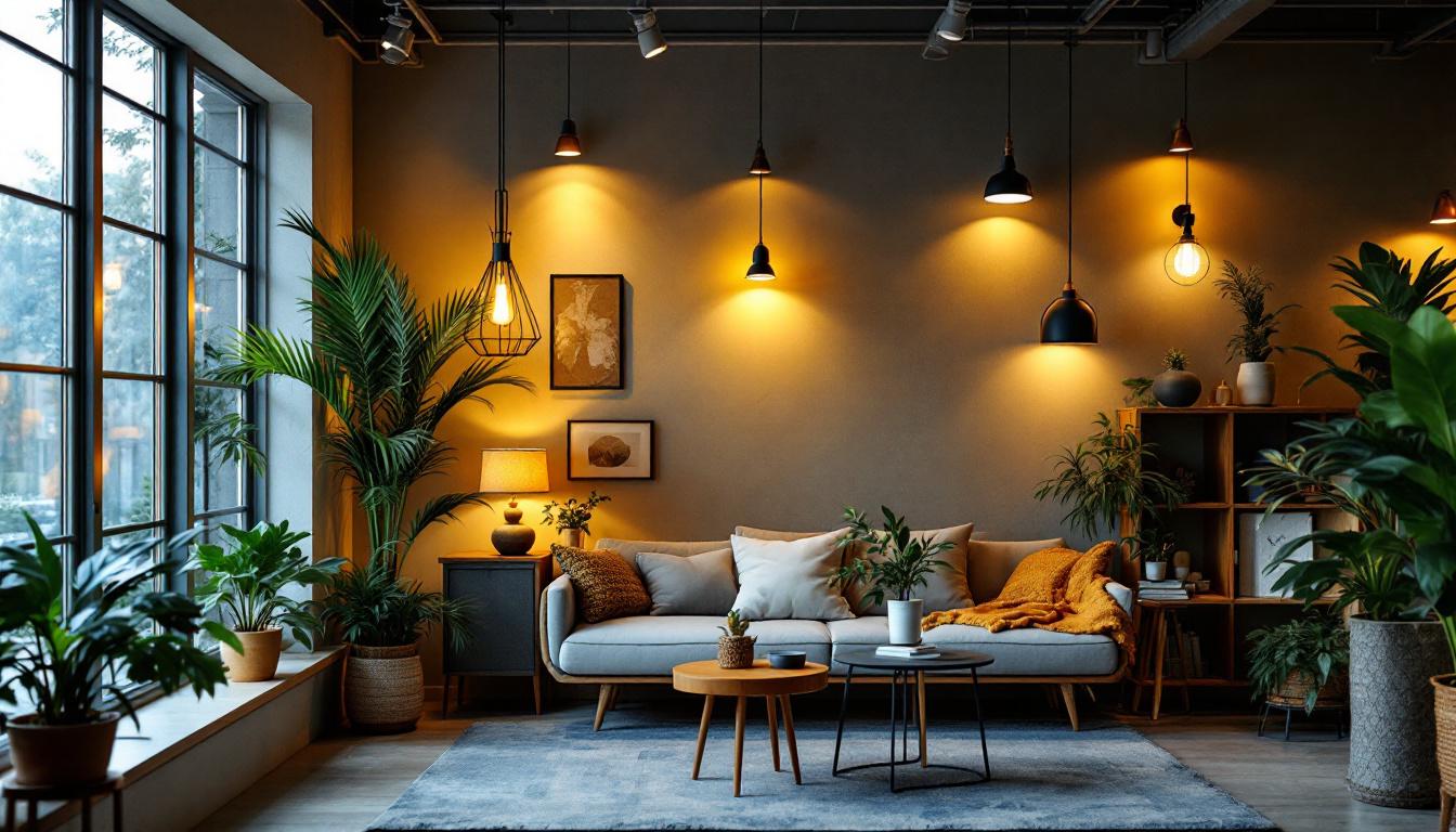 A photograph of a well-designed interior space showcasing a variety of stylish lighting fixtures