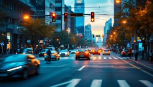 A photograph of a busy intersection featuring a modern stoplight system in action