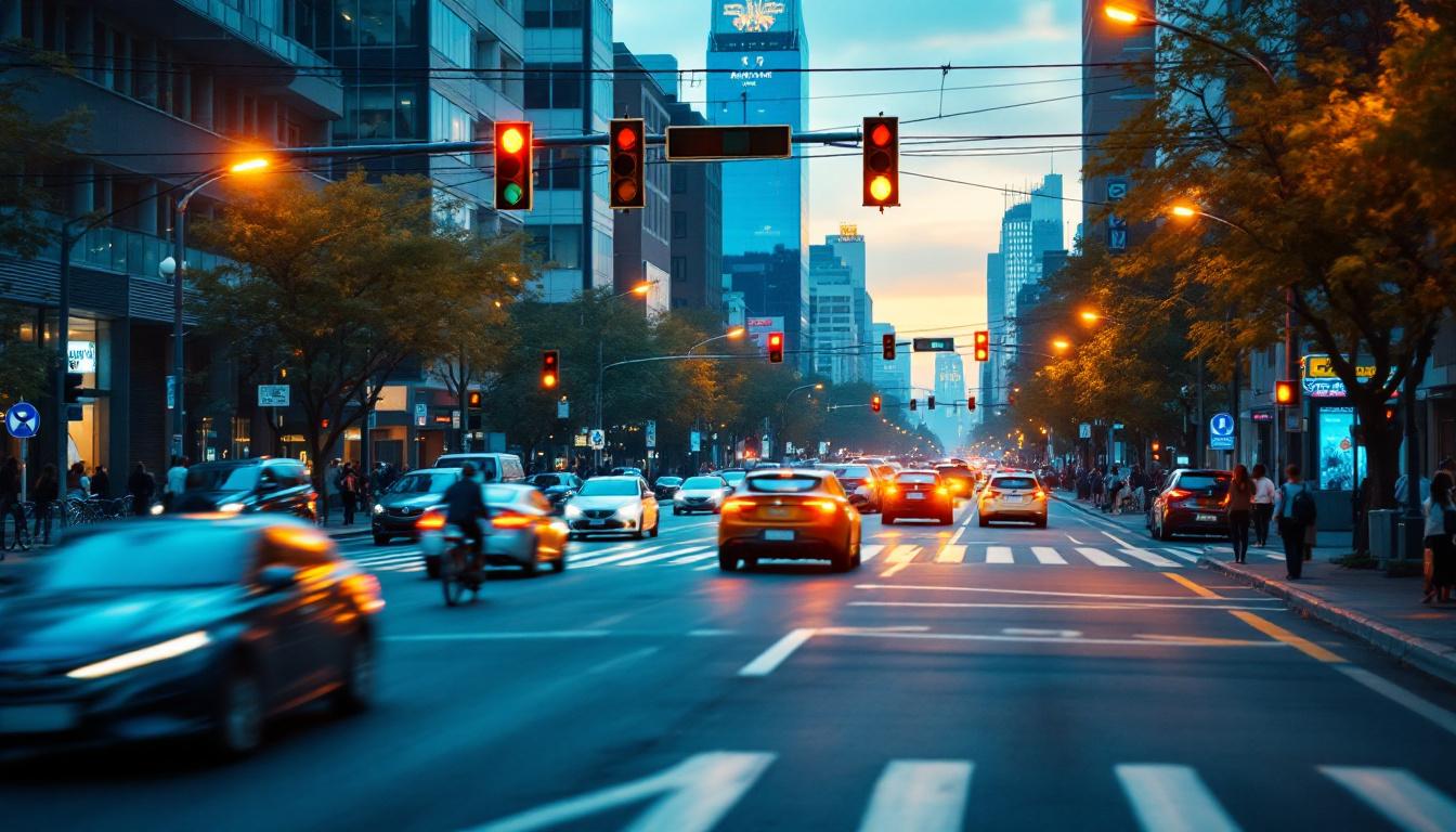 A photograph of a busy intersection featuring a modern stoplight system in action