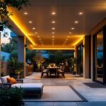 A photograph of a modern outdoor space featuring stylish recessed ceiling lighting that highlights the ambiance of the area