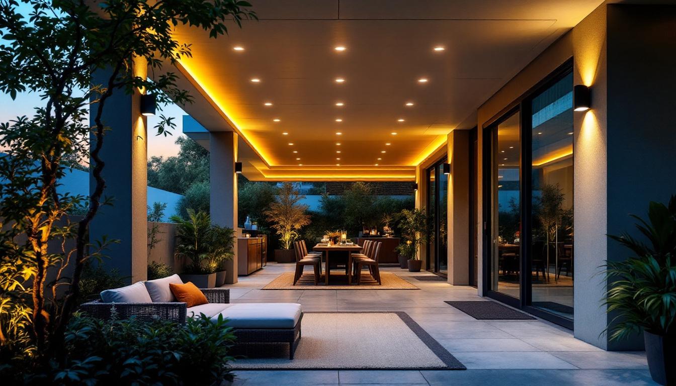 A photograph of a modern outdoor space featuring stylish recessed ceiling lighting that highlights the ambiance of the area
