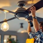 A photograph of a lighting professional expertly installing or adjusting a ceiling fan switch in a well-lit room