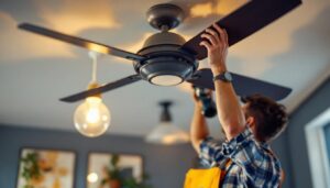 A photograph of a lighting professional expertly installing or adjusting a ceiling fan switch in a well-lit room