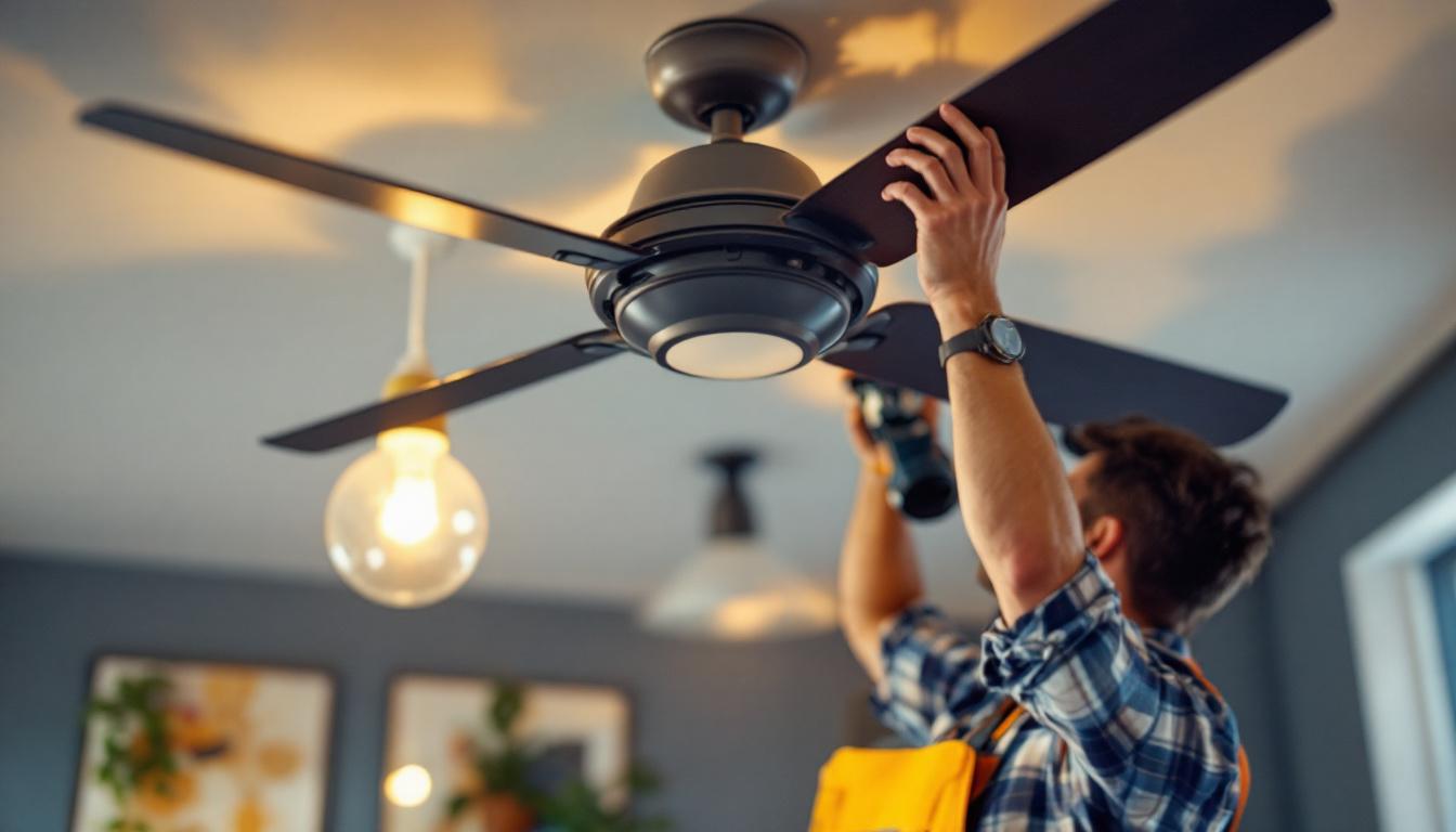 A photograph of a lighting professional expertly installing or adjusting a ceiling fan switch in a well-lit room