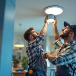 A photograph of a lighting contractor skillfully installing a led recessed retrofit fixture in a modern home setting