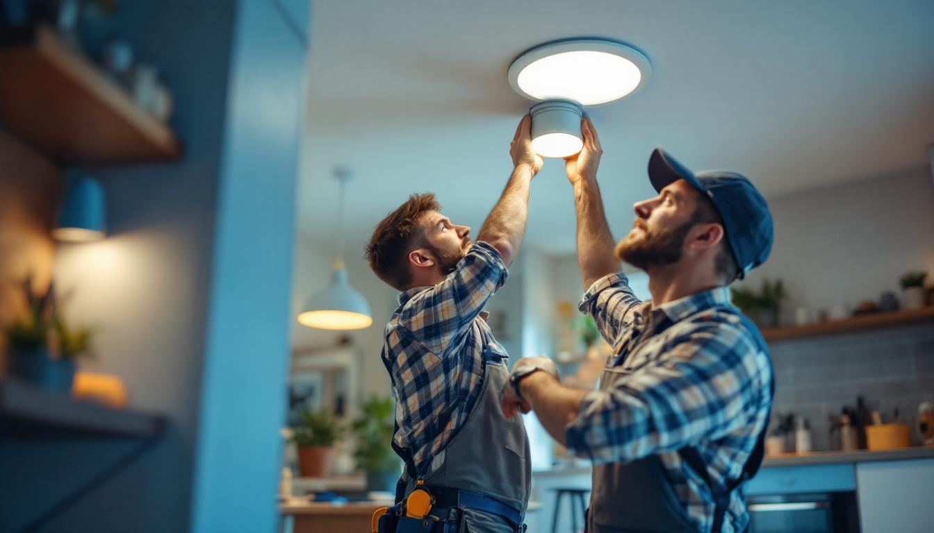 A photograph of a lighting contractor skillfully installing a led recessed retrofit fixture in a modern home setting