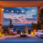 A photograph of a beautifully illuminated balcony at dusk