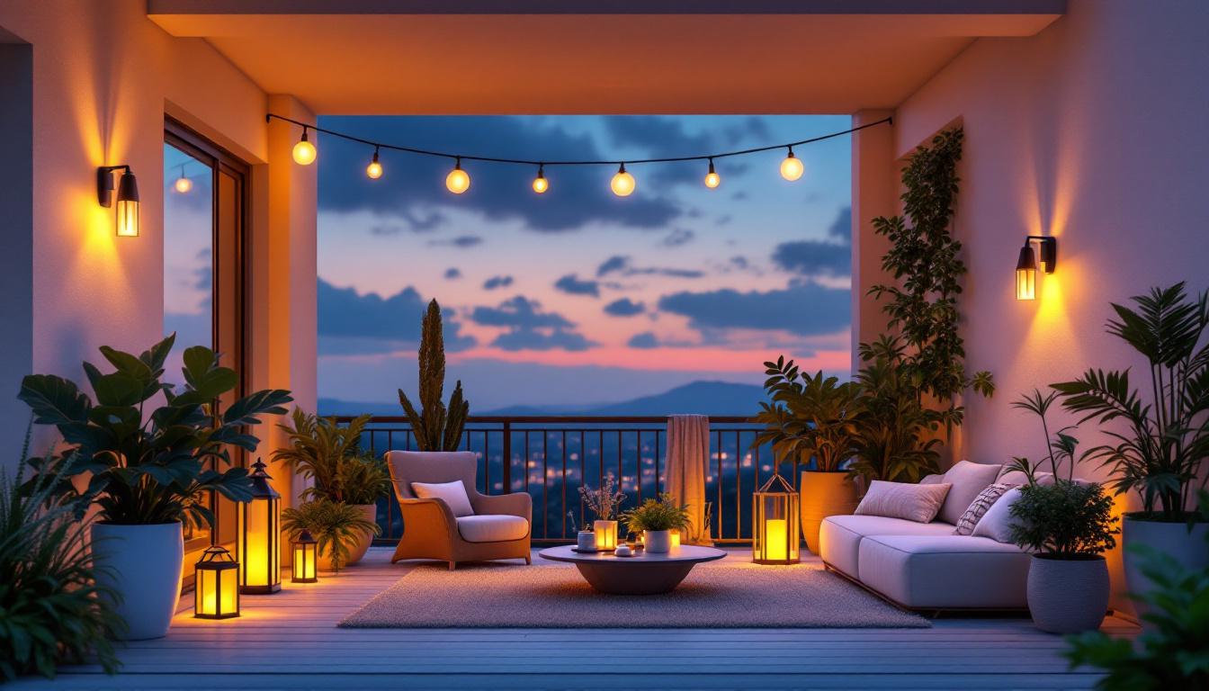 A photograph of a beautifully illuminated balcony at dusk