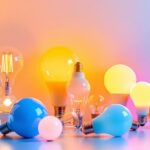 A photograph of a stylishly arranged display of various led light globes in different shapes and colors