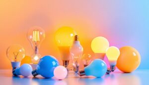 A photograph of a stylishly arranged display of various led light globes in different shapes and colors