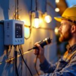 A photograph of a lighting contractor installing a hardwired timer for outdoor lights