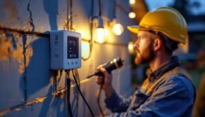 A photograph of a lighting contractor installing a hardwired timer for outdoor lights
