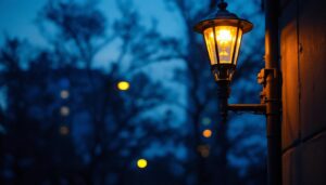 A photograph of a modern electric lamp post illuminating a well-lit urban street at dusk