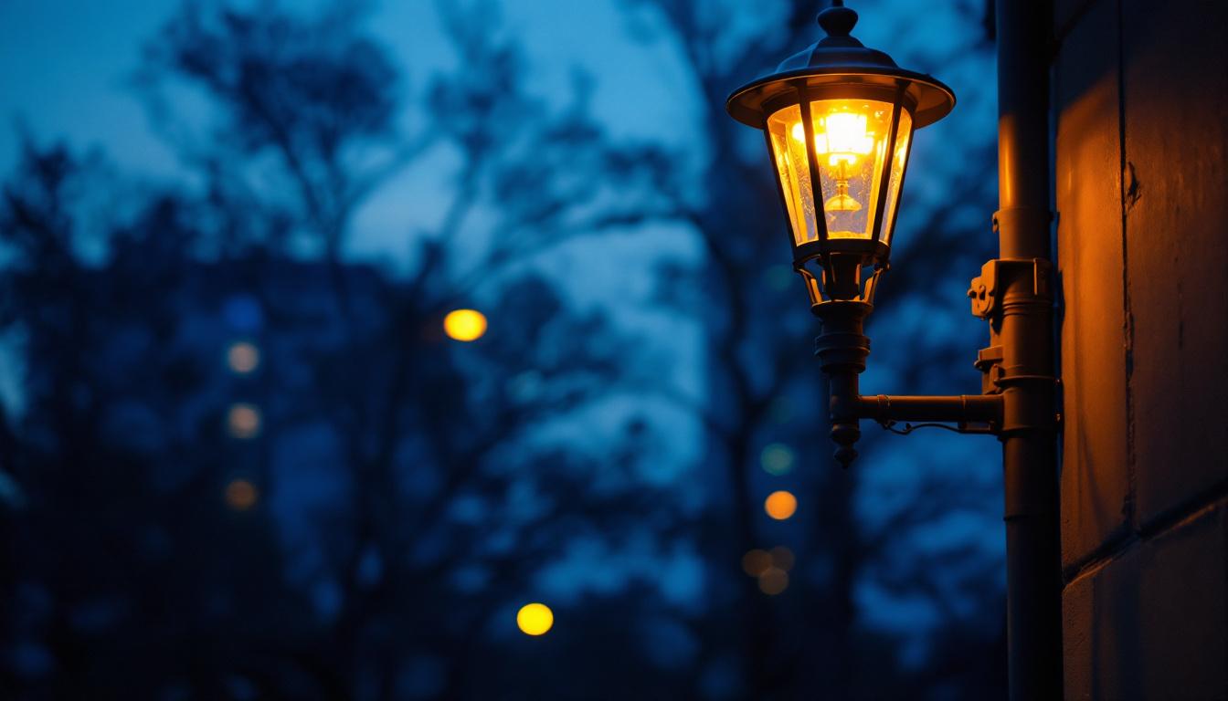 A photograph of a modern electric lamp post illuminating a well-lit urban street at dusk