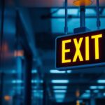 A photograph of a well-lit exit sign in a commercial building