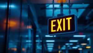 A photograph of a well-lit exit sign in a commercial building