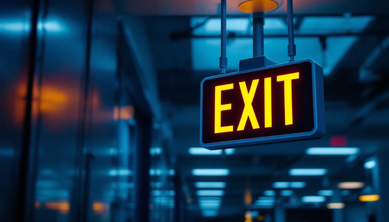 A photograph of a well-lit exit sign in a commercial building