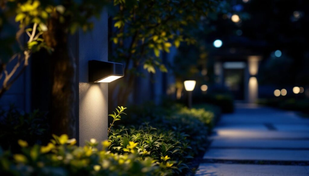A photograph of a well-lit outdoor area showcasing motion detector lights in action