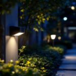 A photograph of a well-lit outdoor area showcasing motion detector lights in action