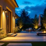 A photograph of a beautifully illuminated outdoor space featuring stylish exterior spotlight fixtures