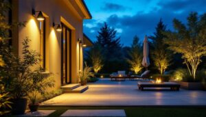A photograph of a beautifully illuminated outdoor space featuring stylish exterior spotlight fixtures