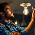 A photograph of a lighting contractor in action