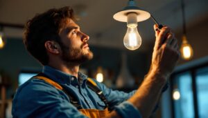 A photograph of a lighting contractor in action