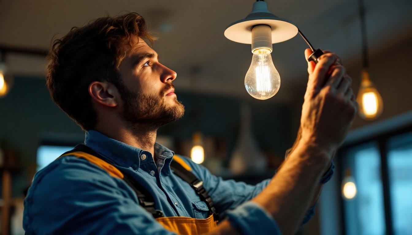 A photograph of a lighting contractor in action