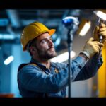 A photograph of a skilled lighting contractor at work